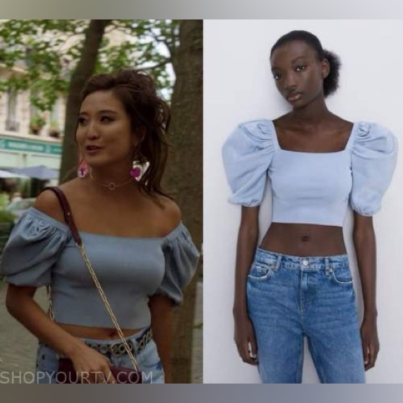 ASO Emily In Paris, Baby Blue Off-The-Shoulder Zara Ruffle Top, size Small - Picture 7 of 11